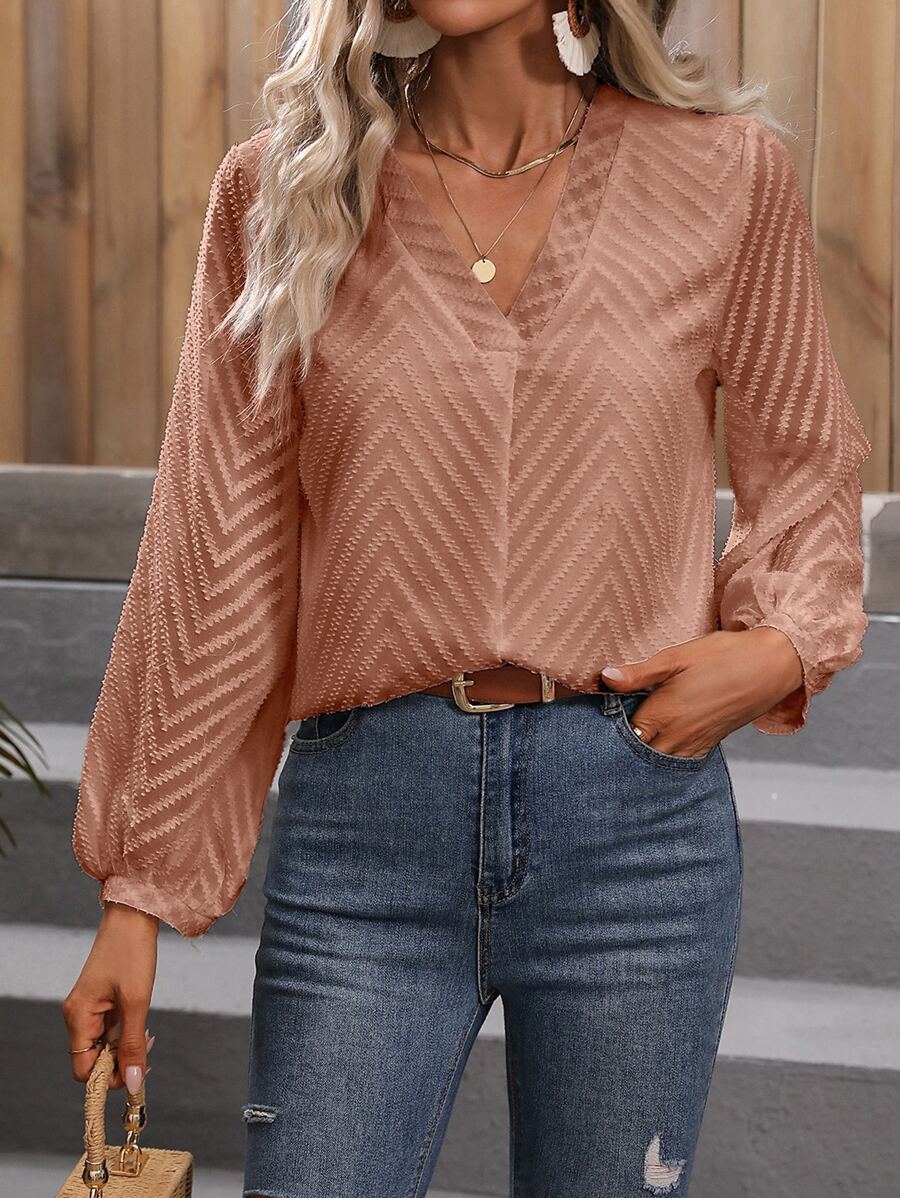 SHEIN LUNE V Neck Lantern Sleeve Blouse - Coral Orange - View 1