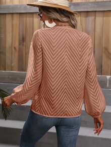 SHEIN LUNE V Neck Lantern Sleeve Blouse - Coral Orange - View 2