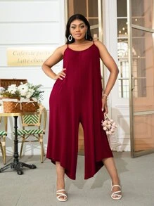 DEARCASE Jumpsuits Plus Size Bất đối xứng màu trơn Giải trí - Màu Đỏ Sâu - Xem 4