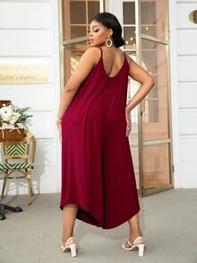 DEARCASE Jumpsuits Plus Size Bất đối xứng màu trơn Giải trí - Màu Đỏ Sâu - Xem 2