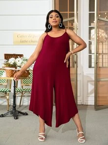 DEARCASE Jumpsuits Plus Size Bất đối xứng màu trơn Giải trí - Màu Đỏ Sâu - Xem 3