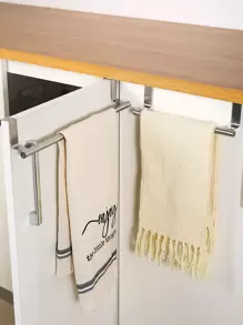 1pc Kitchen Stainless Steel Towel Rack Storage Rack Non-Porous Cabinet Door Back Rag Rack Storage - Silver - View 1