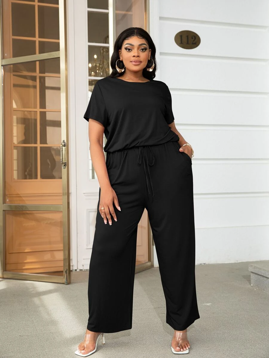 DEARCASE Plus Solid Drawstring Waist Slant Pocket Jumpsuit - Black - View 1