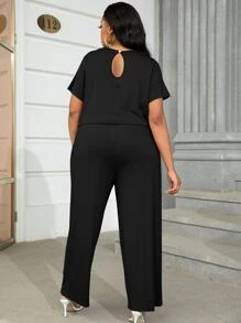 DEARCASE Plus Solid Drawstring Waist Slant Pocket Jumpsuit - Black - View 2