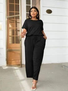 DEARCASE Plus Solid Drawstring Waist Slant Pocket Jumpsuit - Black - View 3