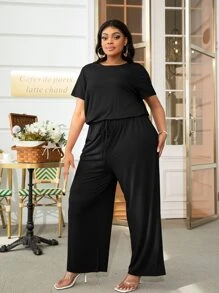 DEARCASE Plus Solid Drawstring Waist Slant Pocket Jumpsuit - Black - View 4