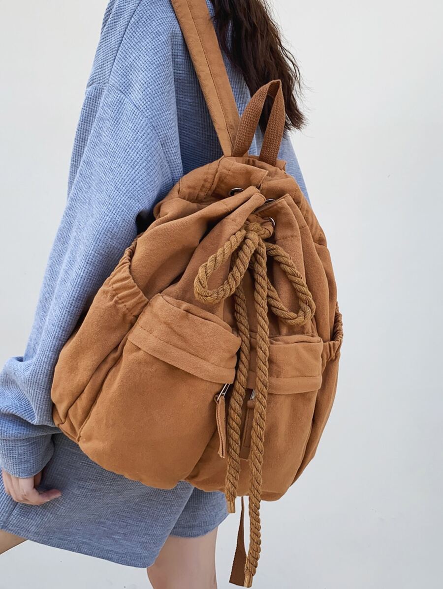 Zip Front Drawstring Backpack - Brown - View 1