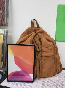 Zip Front Drawstring Backpack - Brown - View 4