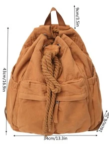 Zip Front Drawstring Backpack - Brown - View 3