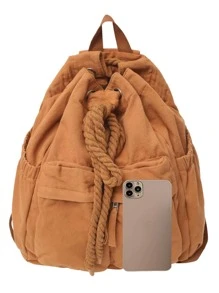 Zip Front Drawstring Backpack - Brown - View 8