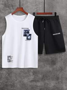 Manfinity Hombres Top tank con estampado de letra & Shorts de cintura con cordón - Blanco y Negro - Ver 1