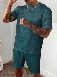 Manfinity Men Plaid Print Tee & Drawstring Waist Shorts Without Necklace - Dark Green - View 1