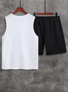 Manfinity Hombres Top tank con estampado de letra & Shorts de cintura con cordón - Blanco y Negro - Ver 2