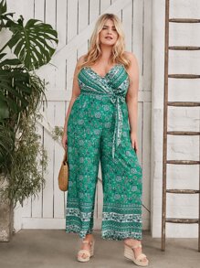 SHEIN VCAY Plus Floral Print Belted Cami Jumpsuit - Multicolor - View 4