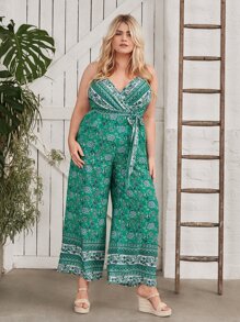SHEIN VCAY Plus Floral Print Belted Cami Jumpsuit - Multicolor - View 5