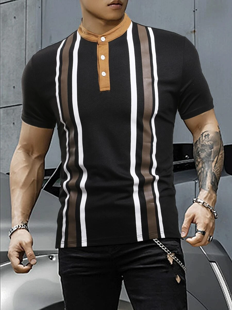 Manfinity Men Striped Print Polo Shirt - Black - View 1