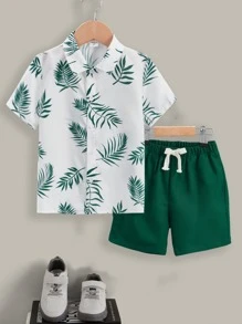 SHEIN Young Boy Tropical Print Shirt & Drawstring Waist Shorts - Multicolor - View 1