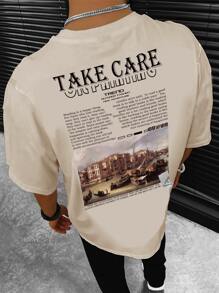 Manfinity EMRG 男款T恤，適合圓領短袖圖形T恤街頭風格 - 杏色 - 查看 1