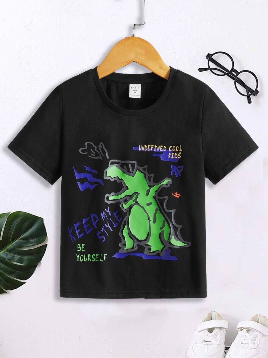 SHEIN Toddler Boys Dinosaur & Slogan Graphic Tee - Black - View 1