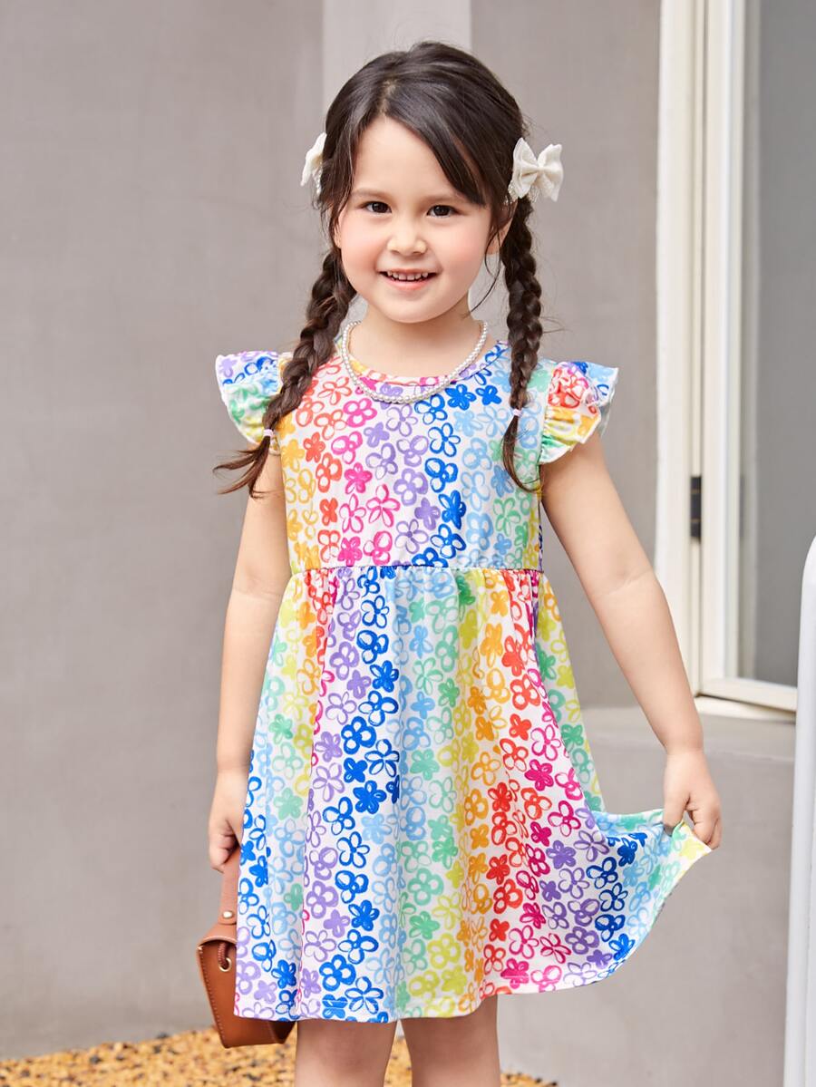 SHEIN Toddler Girls Allover Floral Print Ruffle Sleeve Dress - Multicolor - View 1