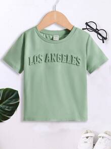 SHEIN Young Boys Casual Comfortable Stylish Short Sleeve Top With English Pressed Floral Pattern - Mint Green - View 1