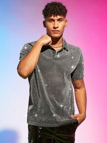 Mainfolk Men Metallic Plain Glitter Collar Polo Shirt - Grey - View 1