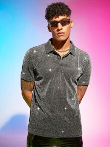 Mainfolk Men Metallic Plain Glitter Collar Polo Shirt - Grey - View 2