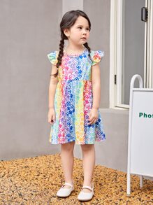 SHEIN Toddler Girls Allover Floral Print Ruffle Sleeve Dress - Multicolor - View 5