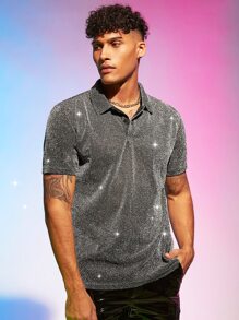 Mainfolk Men Metallic Plain Glitter Collar Polo Shirt - Grey - View 3