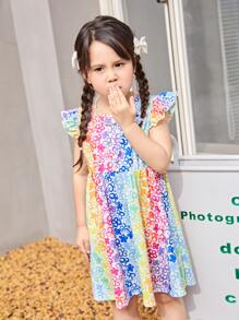 SHEIN Toddler Girls Allover Floral Print Ruffle Sleeve Dress - Multicolor - View 6