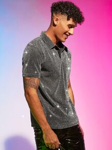 Mainfolk Men Metallic Plain Glitter Collar Polo Shirt - Grey - View 4
