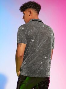 Mainfolk Men Metallic Plain Glitter Collar Polo Shirt - Grey - View 5