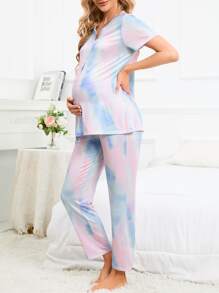 SHEIN Maternity Tie Dye Half Button PJ Set - Multicolor - View 1