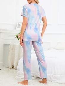 SHEIN Maternity Tie Dye Half Button PJ Set - Multicolor - View 2