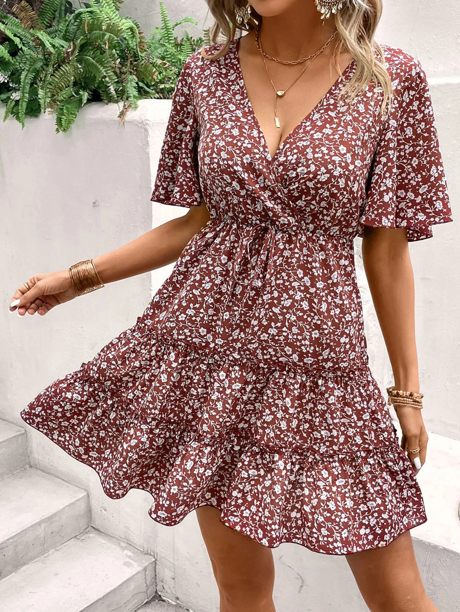 SHEIN VCAY Ditsy Floral Butterfly Sleeve Ruffle Hem Dress - Red - View 1