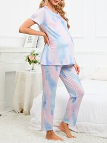 SHEIN Maternity Tie Dye Half Button PJ Set - Multicolor - View 4