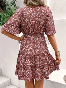 SHEIN VCAY Ditsy Floral Butterfly Sleeve Ruffle Hem Dress - Red - View 2