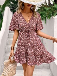 SHEIN VCAY Ditsy Floral Butterfly Sleeve Ruffle Hem Dress - Red - View 3