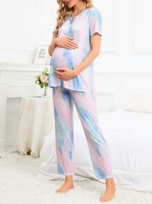 SHEIN Maternity Tie Dye Half Button PJ Set - Multicolor - View 5