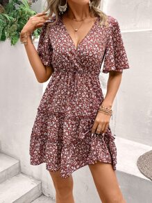 SHEIN VCAY Ditsy Floral Butterfly Sleeve Ruffle Hem Dress - Red - View 5