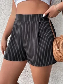 SHEIN Holidaya Plus Striped Print Fold Pleated Detail Shorts - Black - View 3