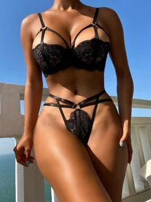 Set de lencería con encaje floral con aro - Negro - Ver 1