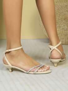 Rhinestone Decor Kitten Heels Ankle Strap Sandals - Apricot - View 4