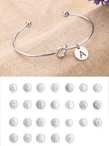1入組字母細節唱片墜飾開口手鐲,不銹鋼首飾類 - 銀色 - 查看 1