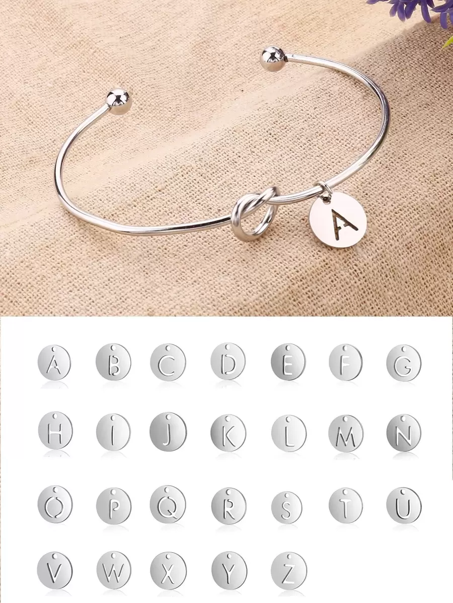 1入組字母細節唱片墜飾開口手鐲,不銹鋼首飾類 - 銀色 - 查看 1