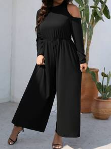 SHEIN Clasi Plus Cut Out Shoulder Wide Leg Jumpsuit - Black - View 1