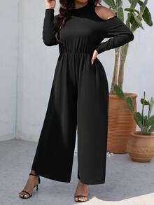 SHEIN Clasi Plus Cut Out Shoulder Wide Leg Jumpsuit - Black - View 3