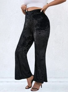 Celure Plus Overlap Waist Velvet Flare Leg Trousers - Black - View 4