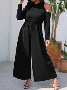 SHEIN Clasi Plus Cut Out Shoulder Wide Leg Jumpsuit - Black - View 4