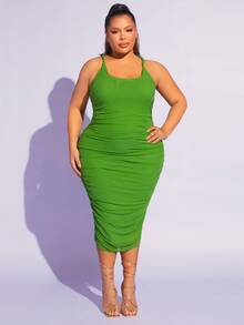 SHEIN SXY Vestido ajustado unicolor fruncido - Verde - Ver 3